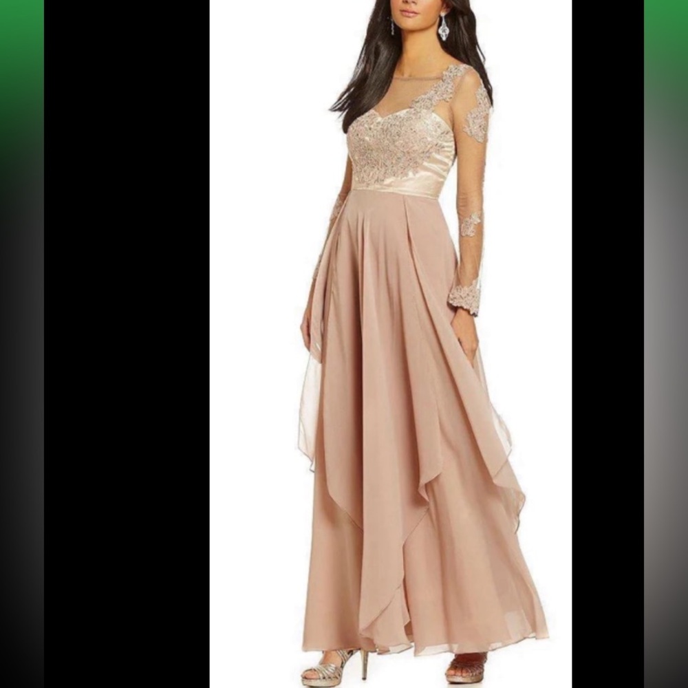 Embroidered Illusion Sleeve Evening Gown in Taupe and Gold